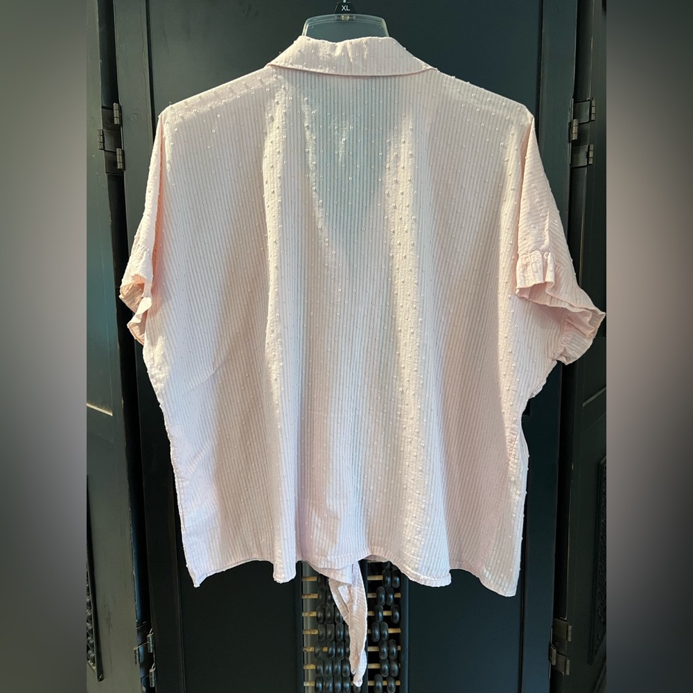 Baby Pink , Short Sleeve Button- Down w Textured Dots, Lace & ties at the waist - Picture 8 of 9